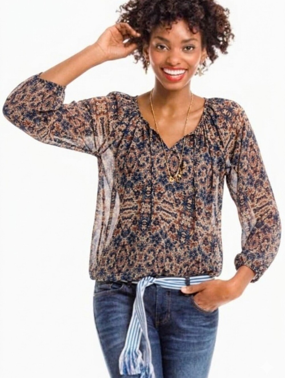 Cabi Sienna Floral Peasant Blouse Style #5028 Boho Chiffon Romantic Flowy Size S